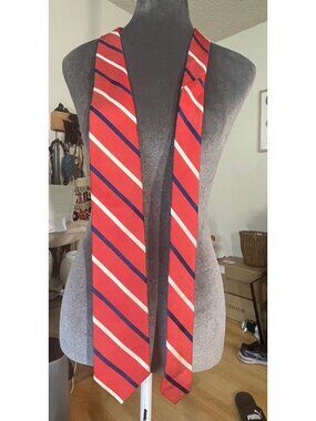 Faconnable Red & Blue Striped Silk Tie With Bird Embroidery Made In Italy